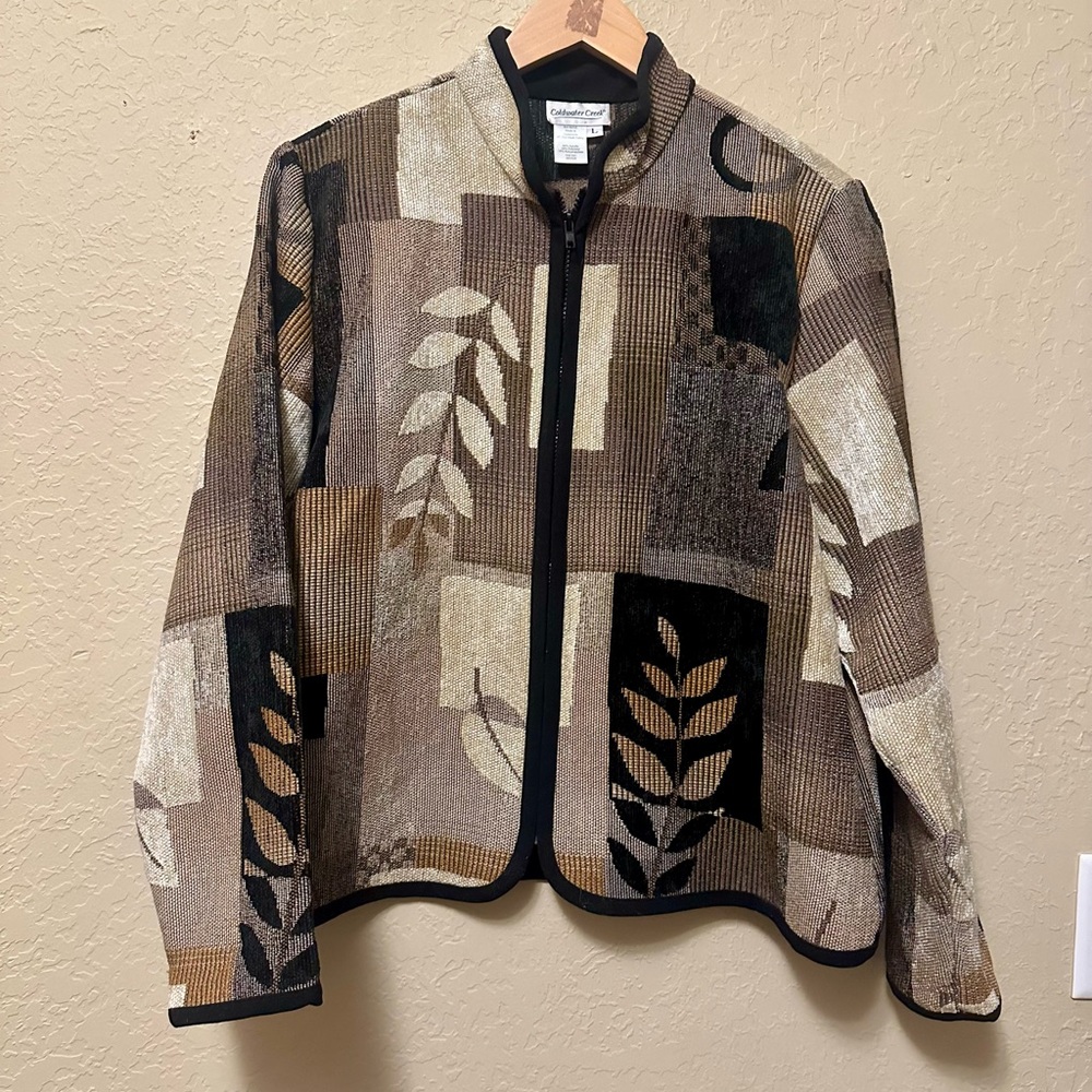 Coldwater Creek Jacket Women's L Jacquard Patchwork Tapestry Neutral Full Zip